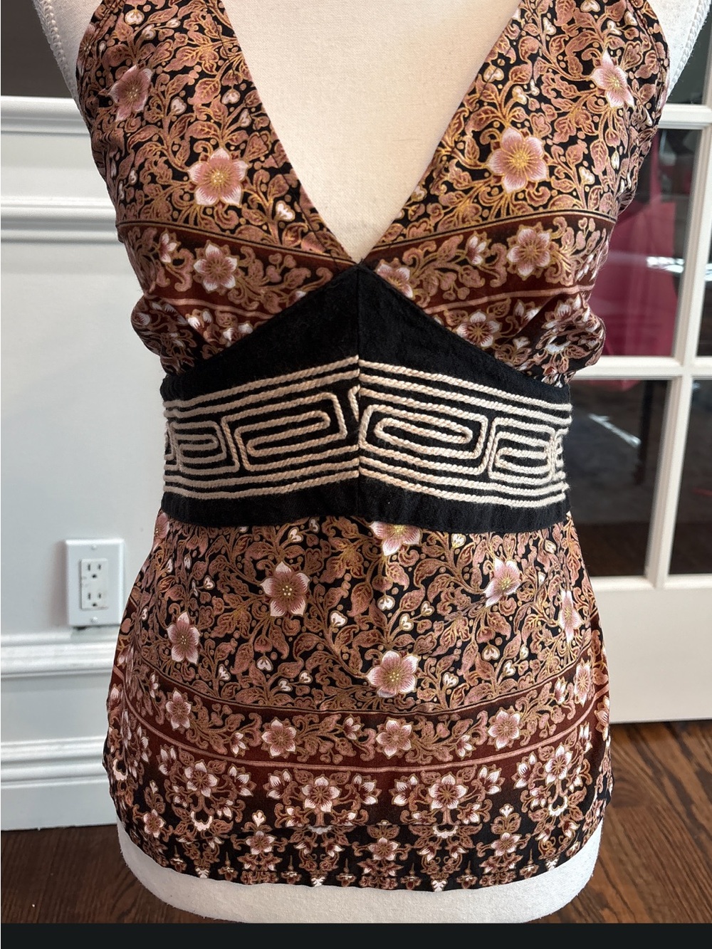 Made in Japan Boho , Brown Floral Halter Tank with Black Embroidered Waist